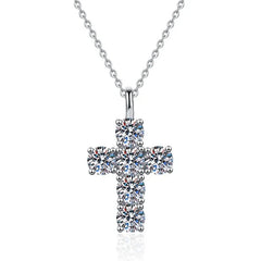 Certified moissanite cross pendant with seven round stones set in 925 silver white gold chain
