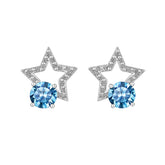 Star-shaped earrings with blue gemstones on a white background