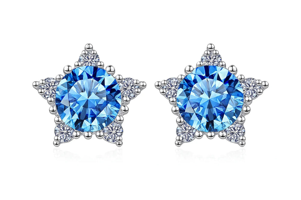 Star-shaped earrings with blue gemstones on a white background