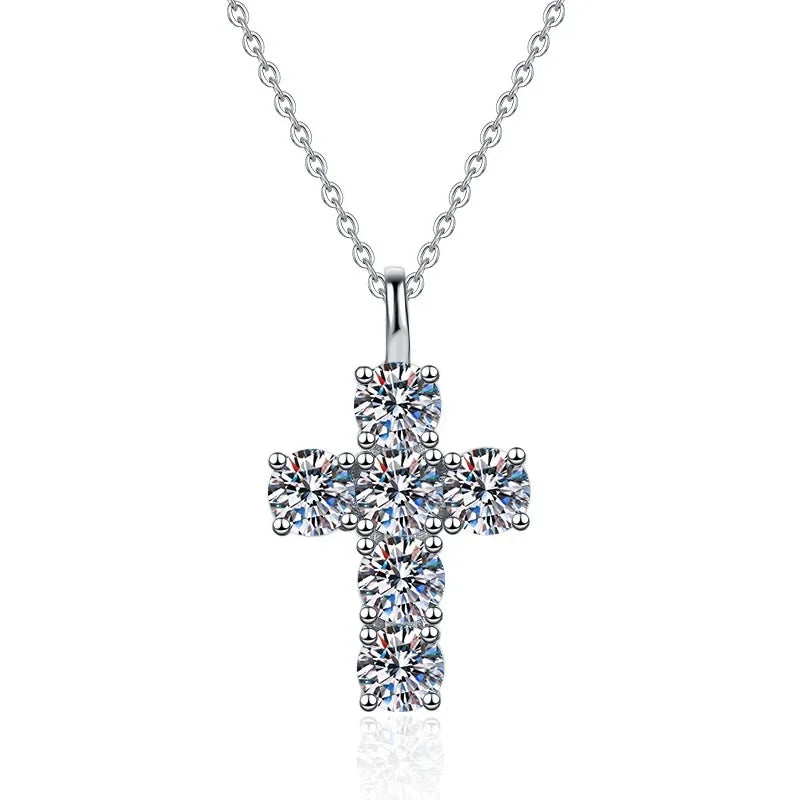 Certified moissanite cross pendant with seven round stones set in 925 silver white gold chain