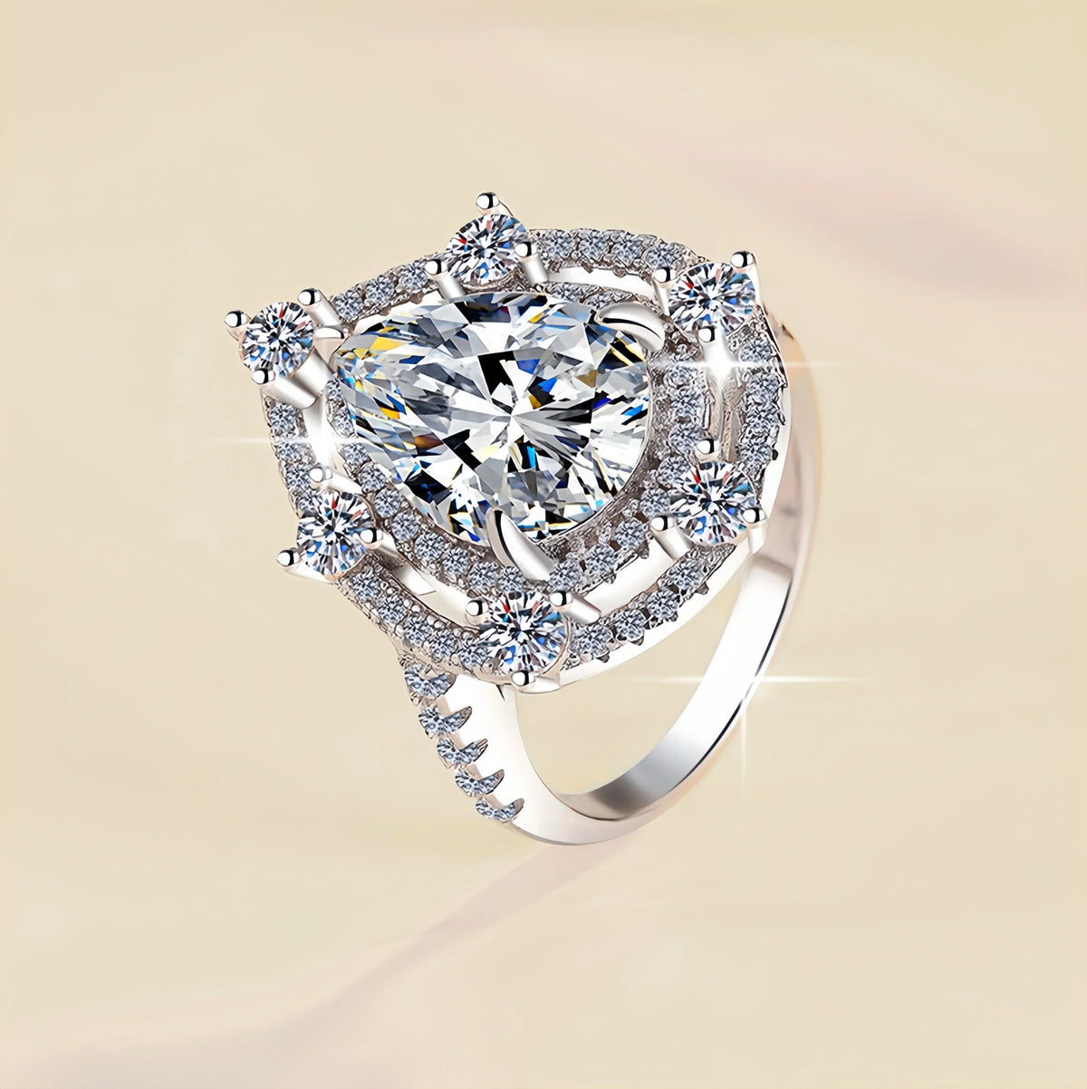 Elegant diamond ring with a beige background