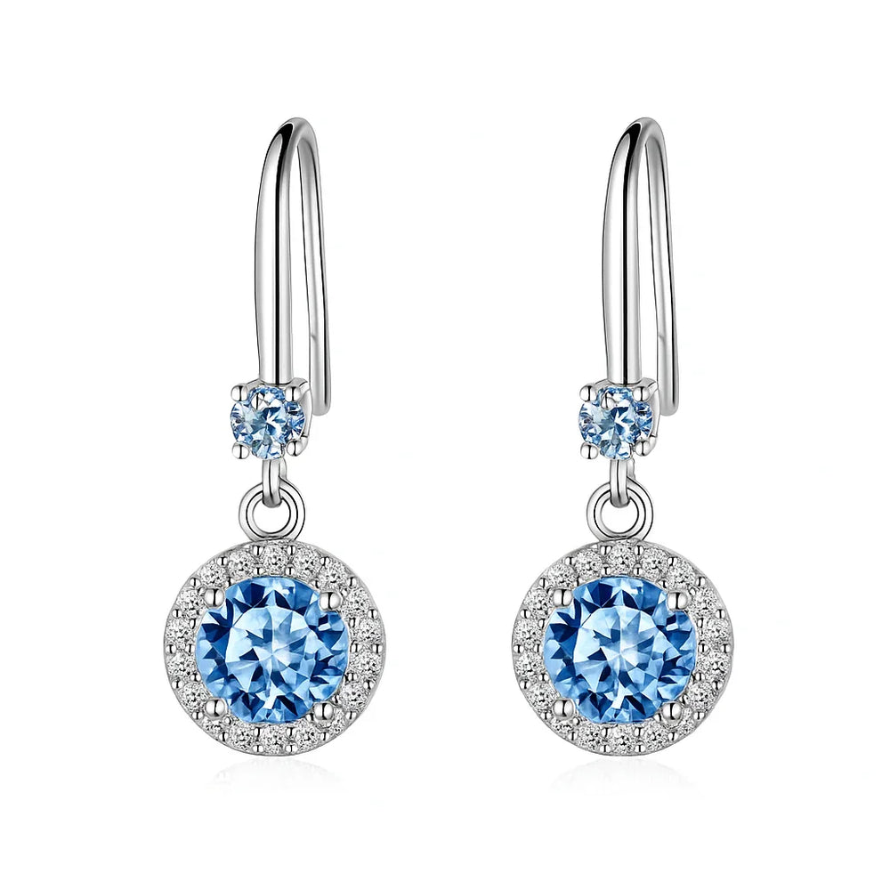 Pair of silver earrings with blue gemstones on a white background