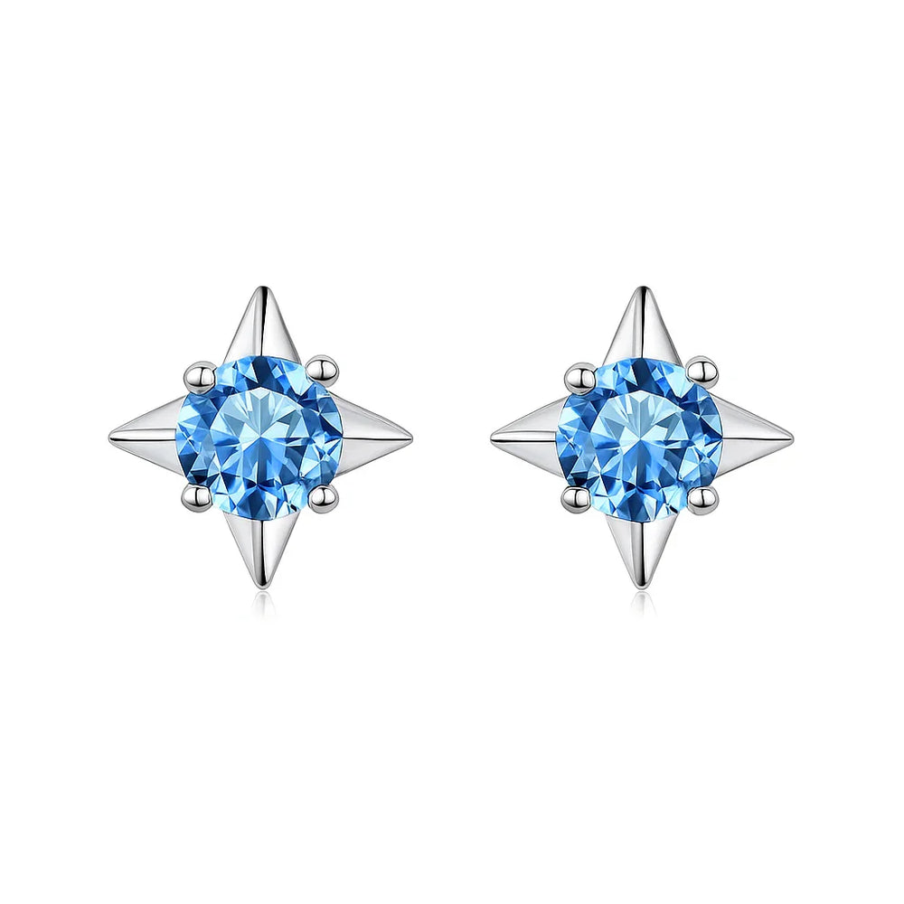 Star-shaped earrings with blue gemstones on a white background