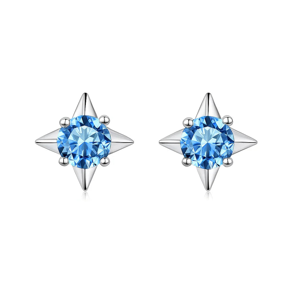 Star-shaped earrings with blue gemstones on a white background