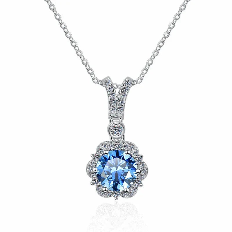 Elegant 2ct certified moissanite pendant with klein blue gemstone and silver chain