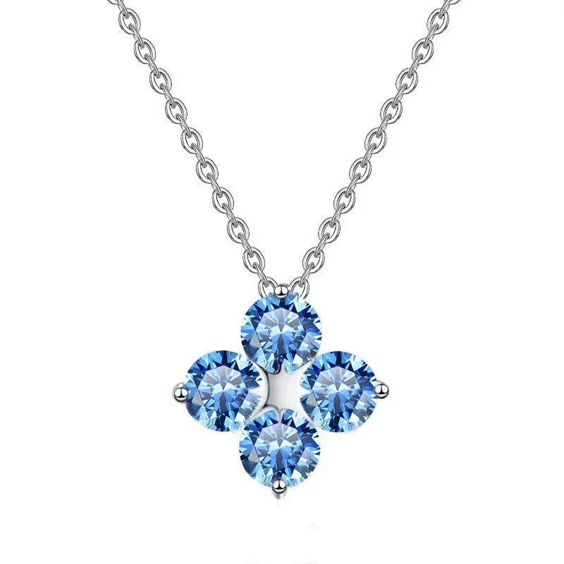 S925 silver necklace with certified blue moissanite four-stone pendant on chain