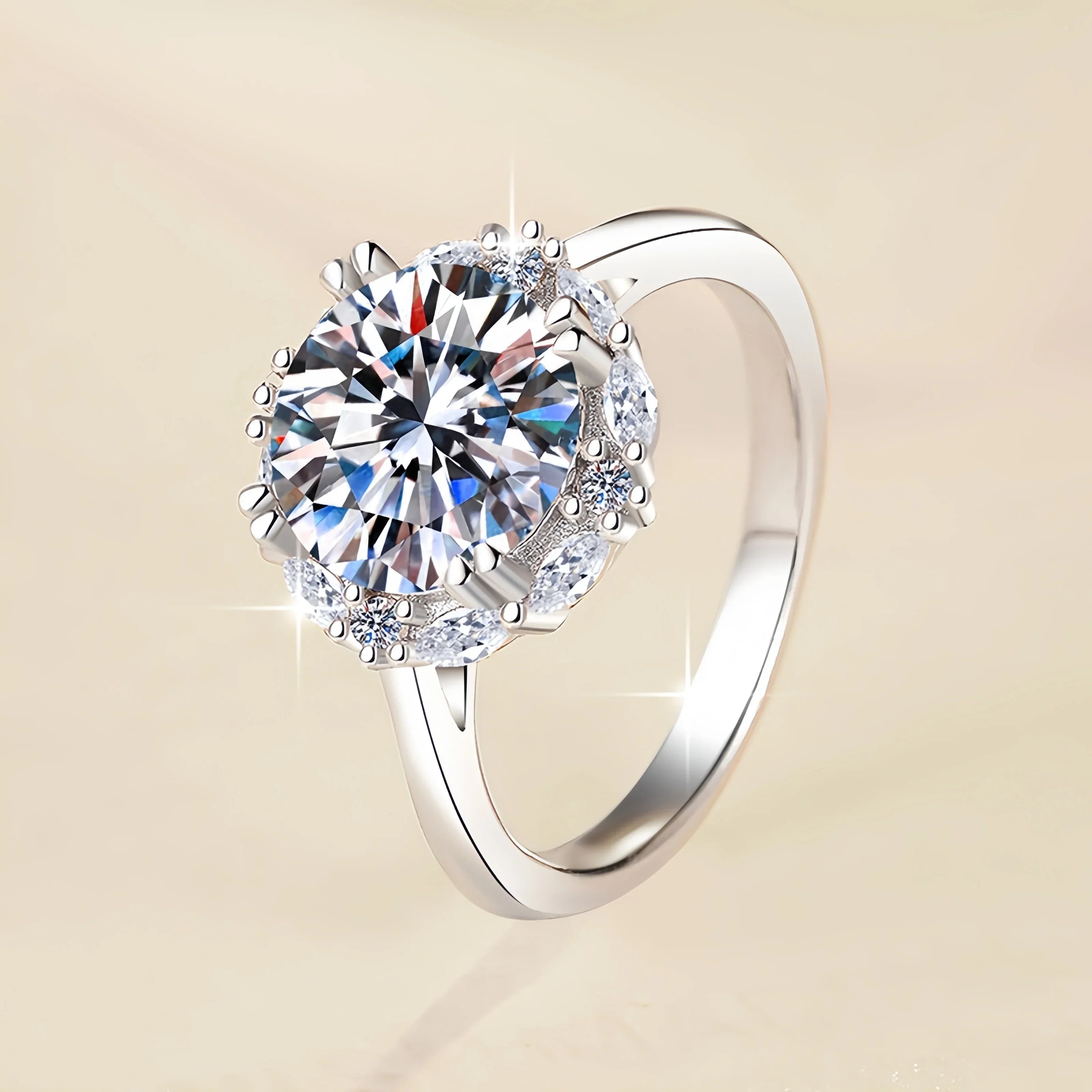 Silver ring with a large diamond on a beige background