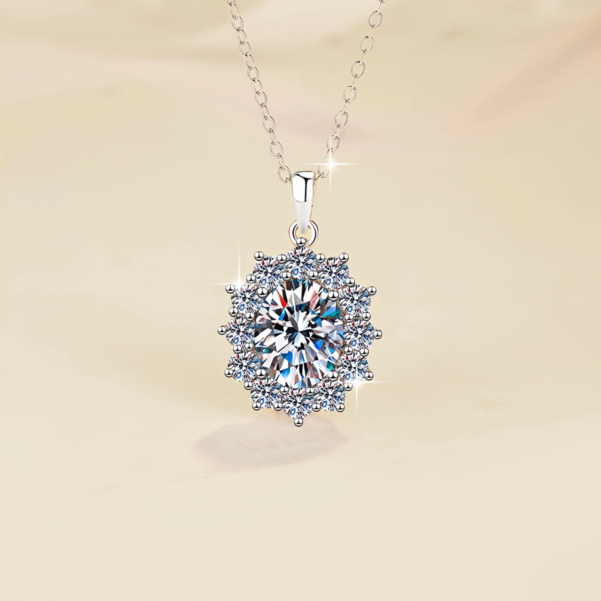 Silver necklace with a diamond pendant on a beige background