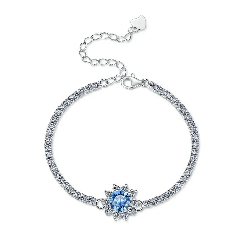 Silver bracelet with a blue gemstone on a white background